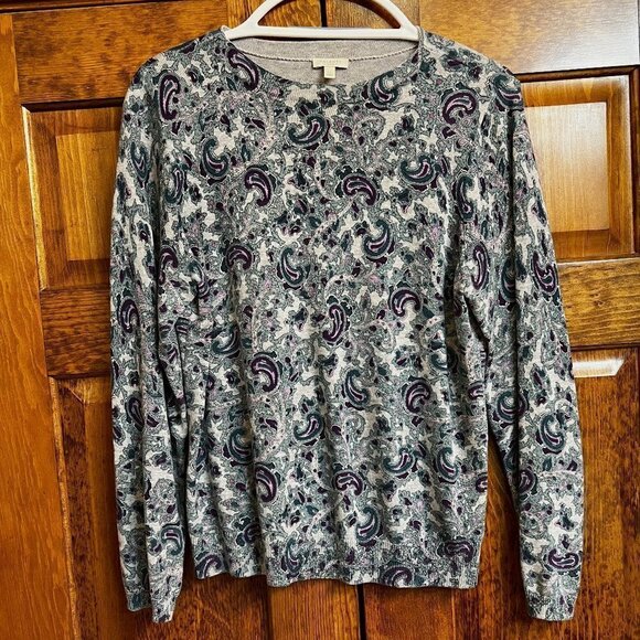 Talbots Sweater Long Sleeve Paisley Brushed Cotton Knit Sweater Petite Large EUC - Picture 2 of 11